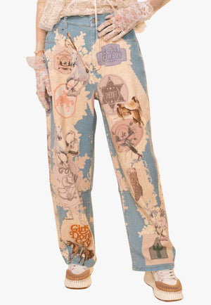 Womens Western Motif Patch Loose Jeans