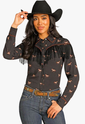 Rock & Roll Womens Horse Print Snap Shirt