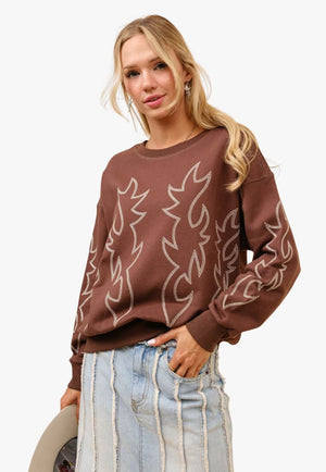 Blue B Womens Western Boots Stitch Embroidered Pullover Sweatshirt