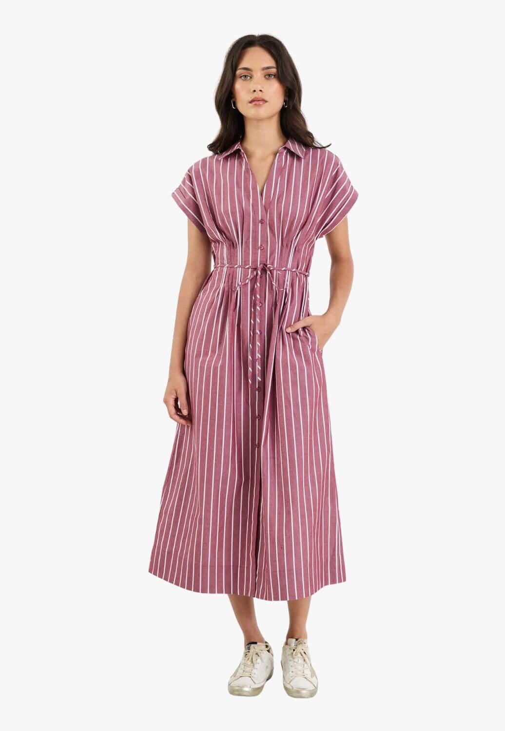 Stories be Told Carriage Stripe Pintuck Midi Shirt Dress