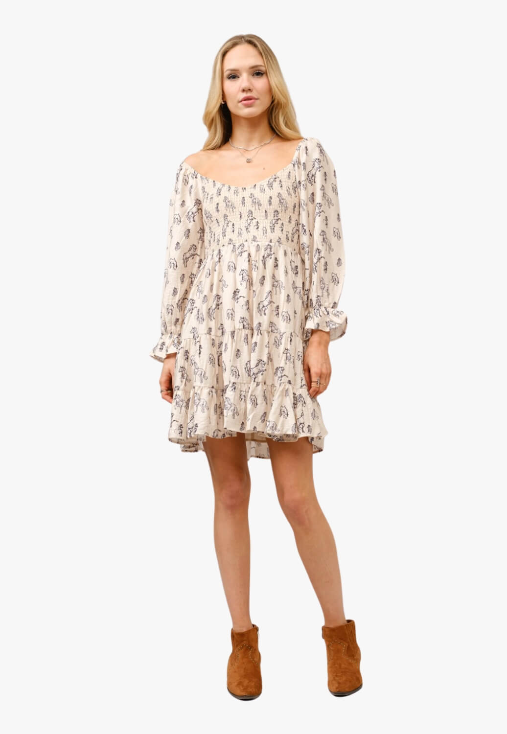 Blue B Womens Horse Print Puff Sleeve Tiered Mini Dress