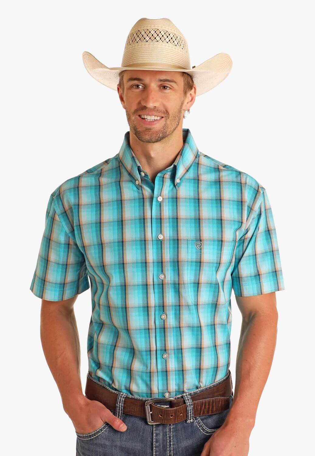 Rock and Roll Mens Dobby Plaid Short Sleeve Shirt