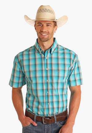 Rock and Roll Mens Dobby Plaid Short Sleeve Shirt
