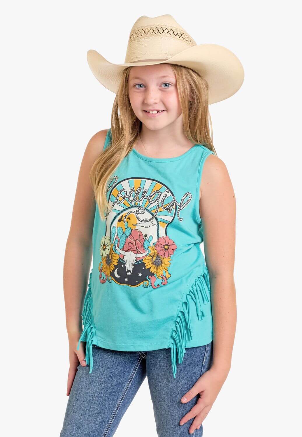 Rock and Roll Girls Cowgirl Graphic Fringe Top