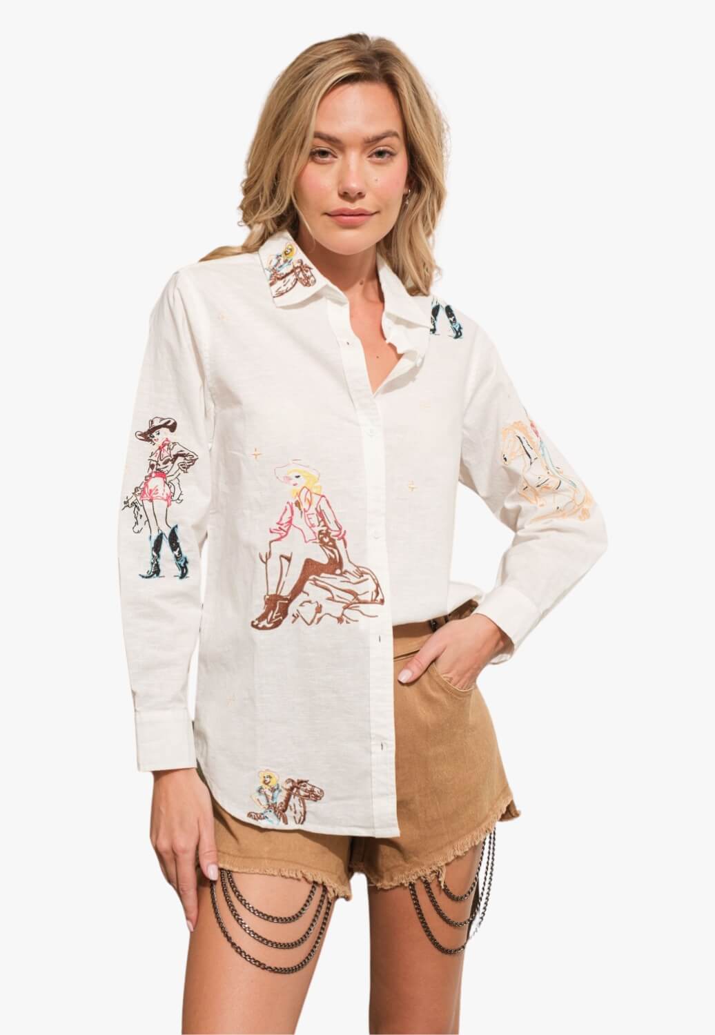 Blue B Womens Embroidered Western Cowgirl Motif Shirt