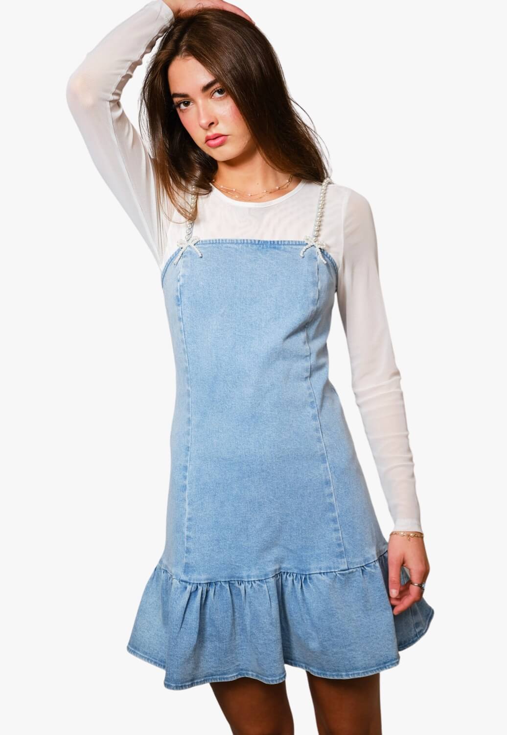 Blue B Womens Pearl Strap Stretch Denim Mini Denim Dress