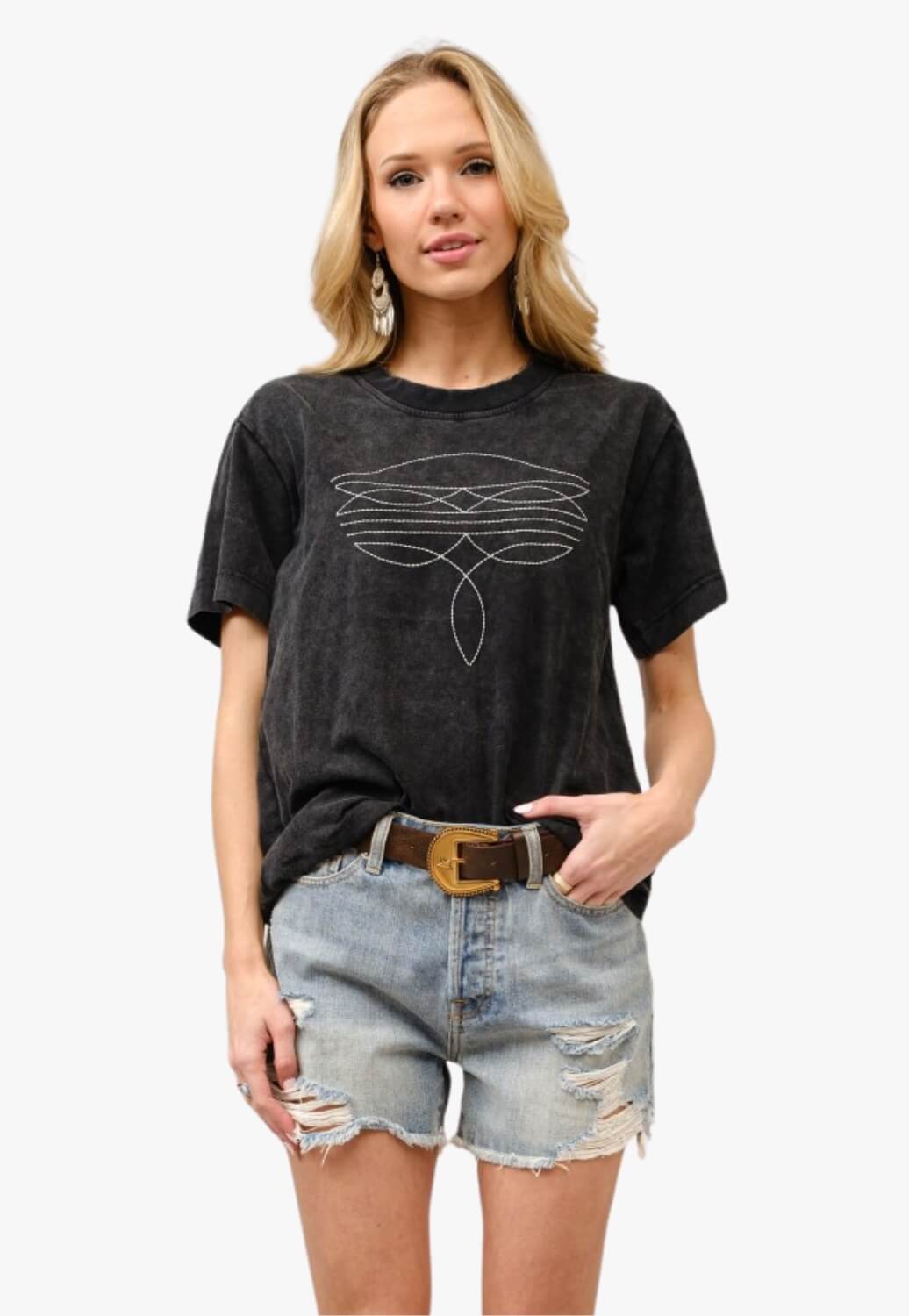 Blue B Womens Boots Embroidered Washed Graphic T-Shirt