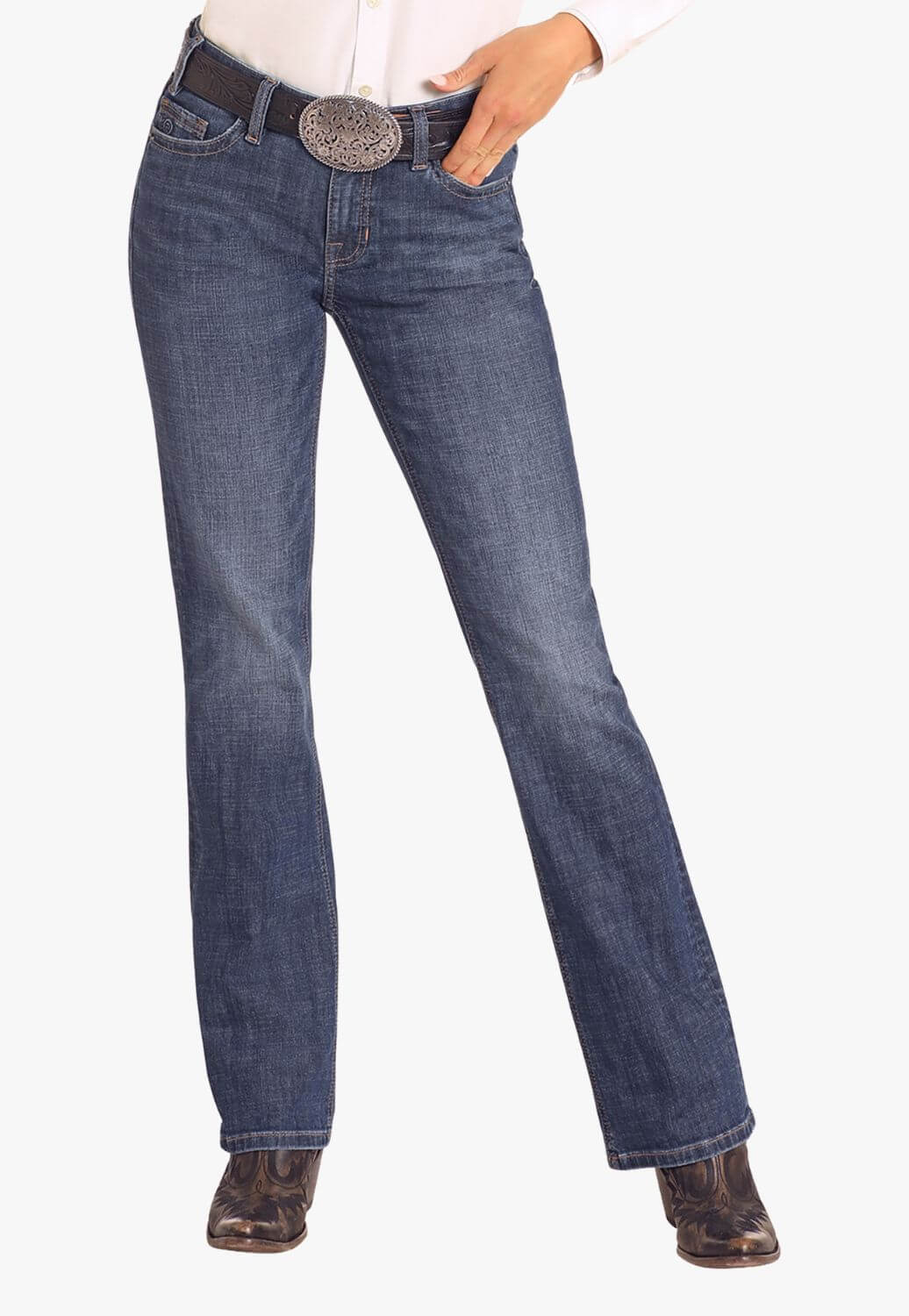 Rock and Roll Womens Mid Rise Cross Embroidered Riding Jean