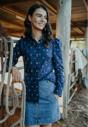 Gringa Denim Womens Dixie Embroidered Floral Long Sleeve Shirt