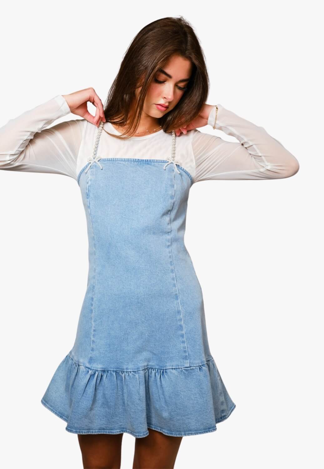 Blue B Womens Pearl Strap Stretch Denim Mini Denim Dress