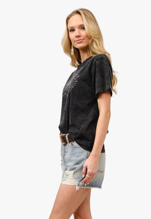 Blue B Womens Boots Embroidered Washed Graphic T-Shirt