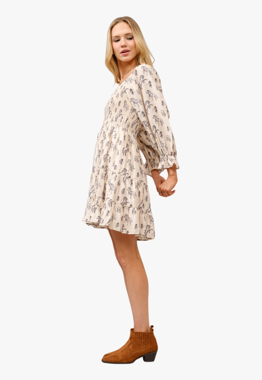 Blue B Womens Horse Print Puff Sleeve Tiered Mini Dress