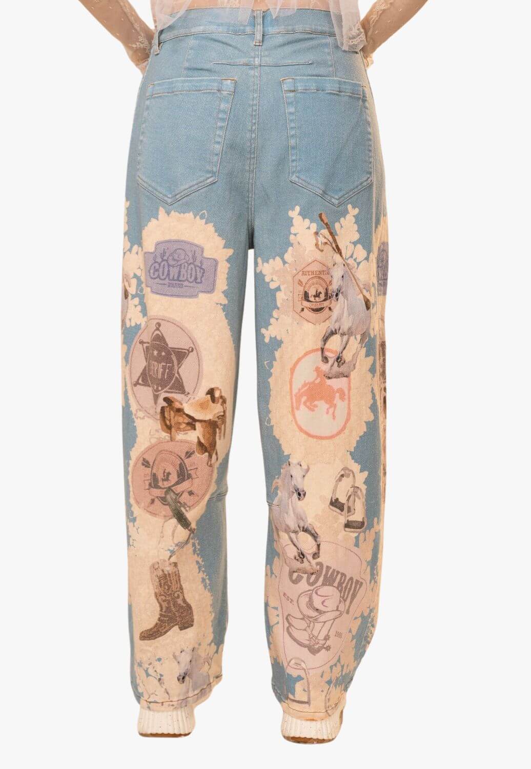 Womens Western Motif Patch Loose Jeans
