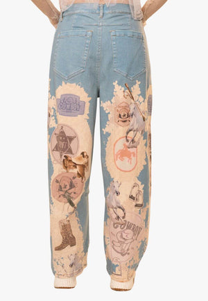 Womens Western Motif Patch Loose Jeans