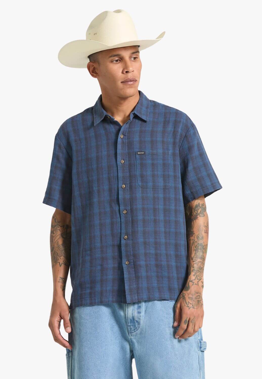 Brixton Mens Linen Plaid Short Sleeve Shirt