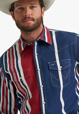 Wrangler Mens Stripe Long Sleeve Shirt Blue/Red/White S