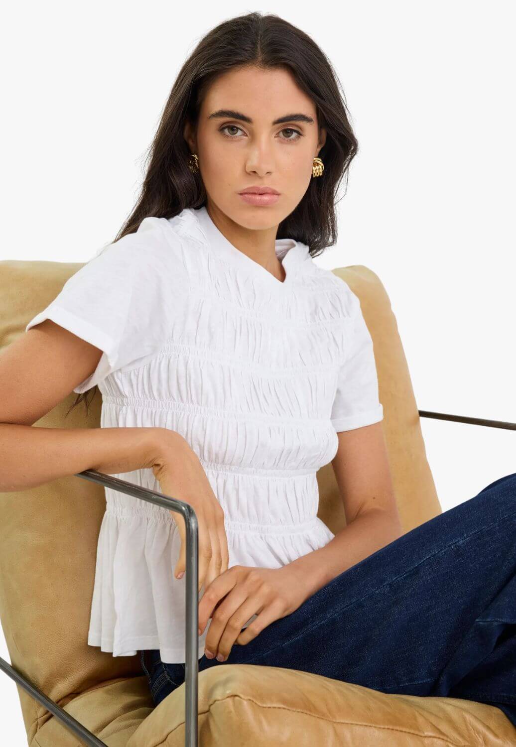 Stories Be Told Neat Slub Shirred Detail SS Tee