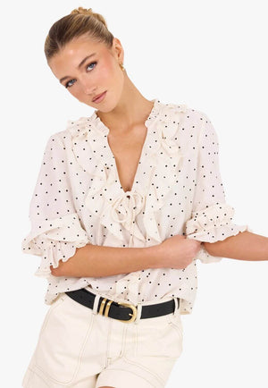 Ivy And Jack Womens Polka Dot Frill Front Mid Sleeve Top