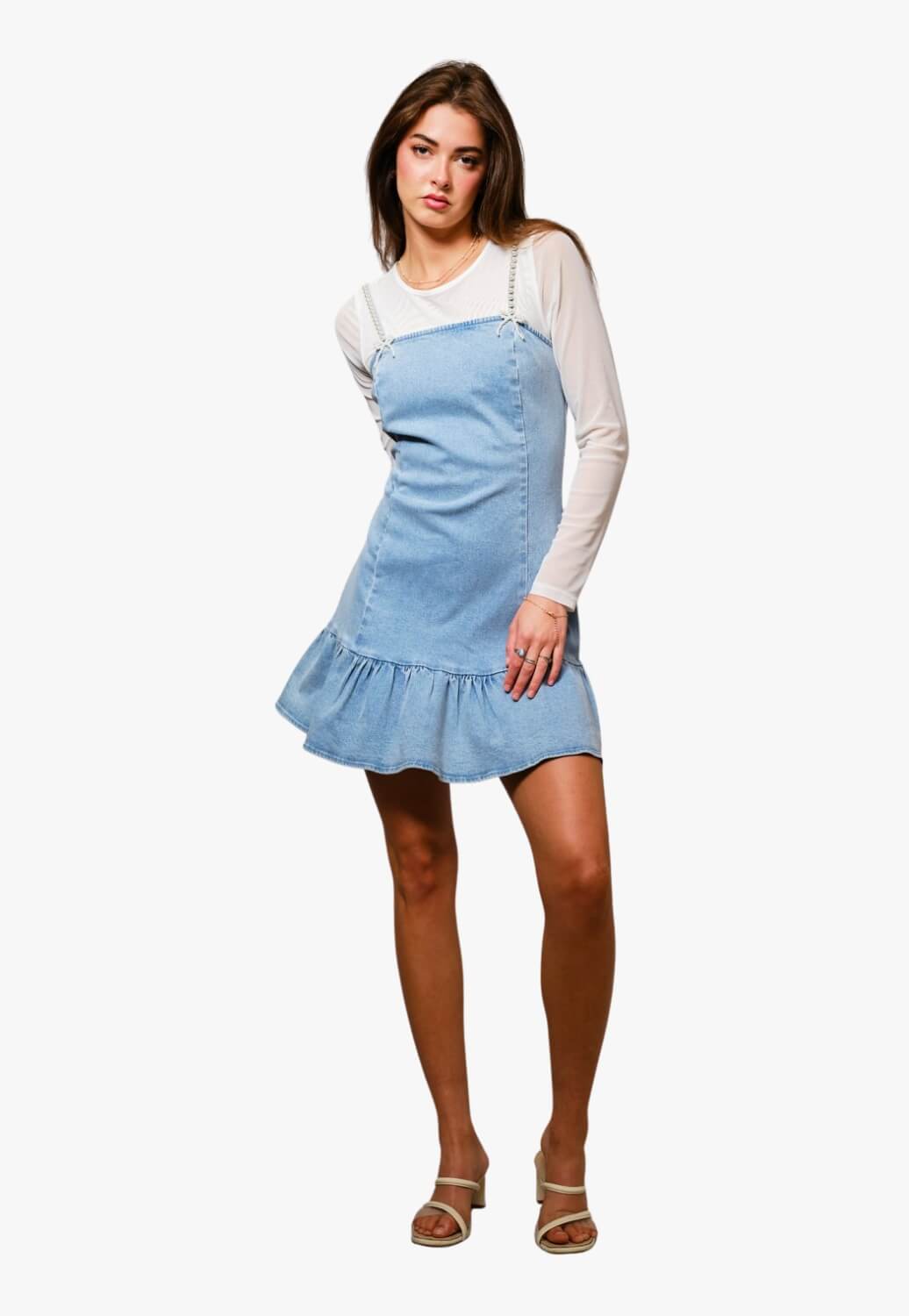 Blue B Womens Pearl Strap Stretch Denim Mini Denim Dress