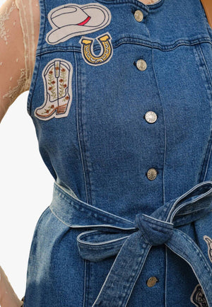 Blue B Womens Western Motif Patches Button Up Dress