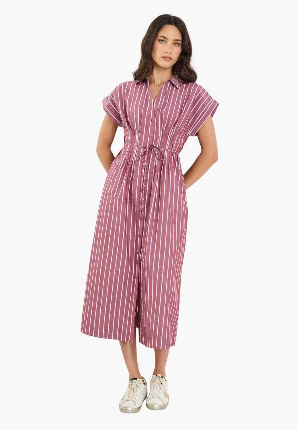 Stories be Told Carriage Stripe Pintuck Midi Shirt Dress
