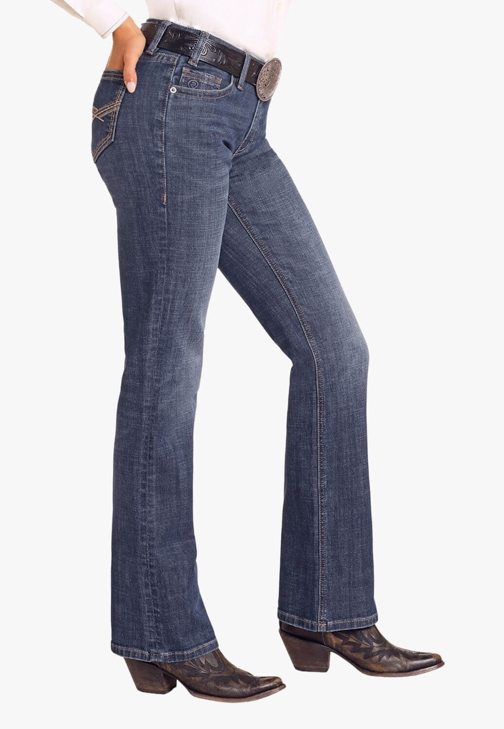 Rock and Roll Womens Mid Rise Cross Embroidered Riding Jean