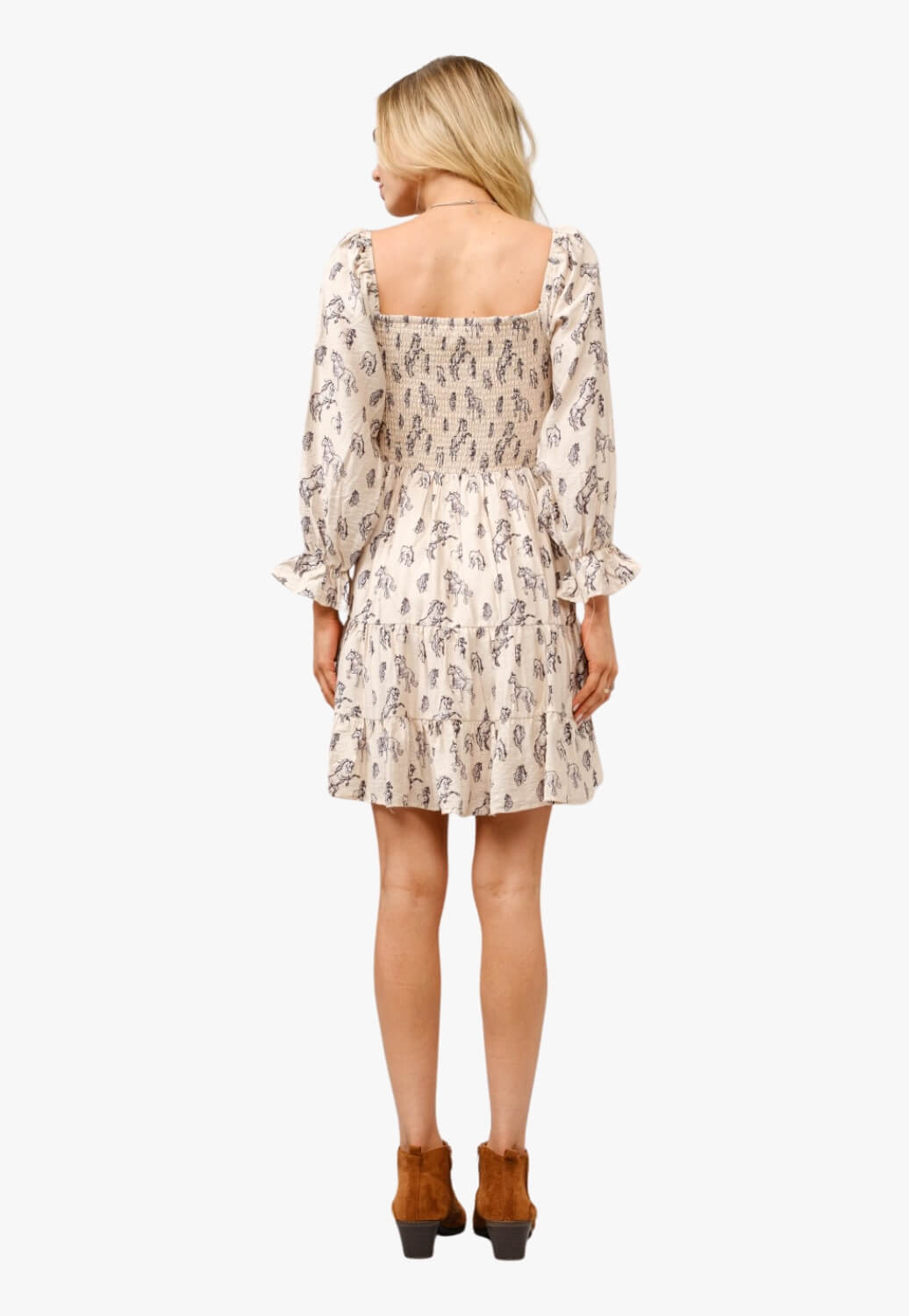 Blue B Womens Horse Print Puff Sleeve Tiered Mini Dress