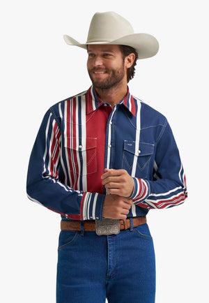 Wrangler Mens Stripe Long Sleeve Shirt Blue/Red/White S