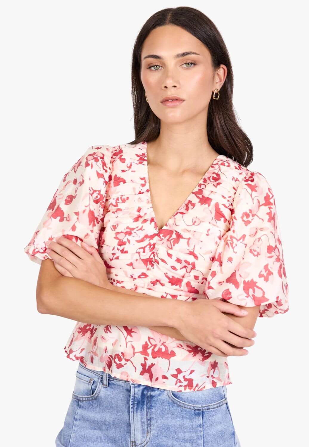 Ivy & Jack Womens Pleat Front Bubble Sleeve Top