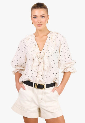 Ivy And Jack Womens Polka Dot Frill Front Mid Sleeve Top
