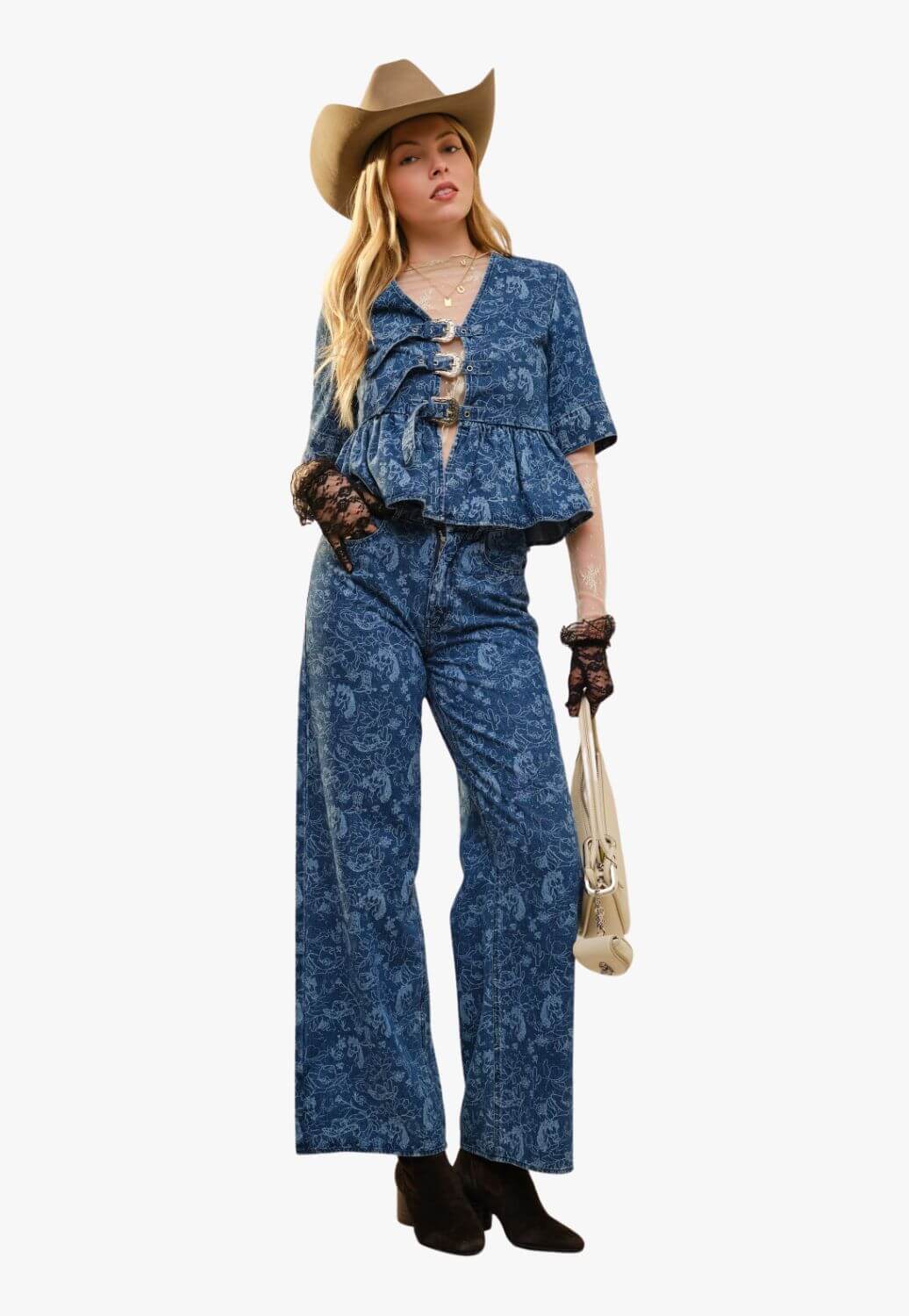 Blue B Womens Mid Rise Western Print Jean