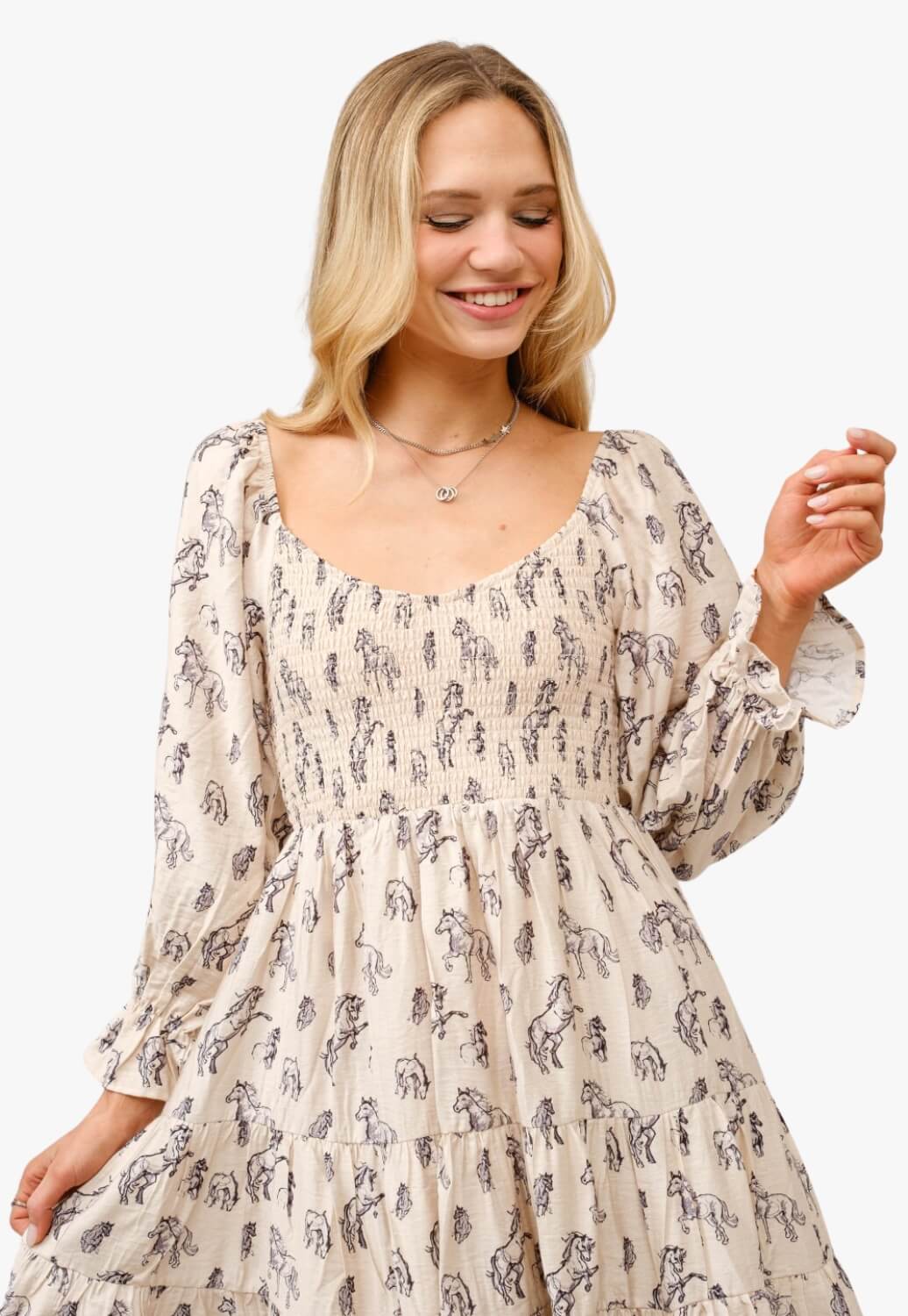 Blue B Womens Horse Print Puff Sleeve Tiered Mini Dress