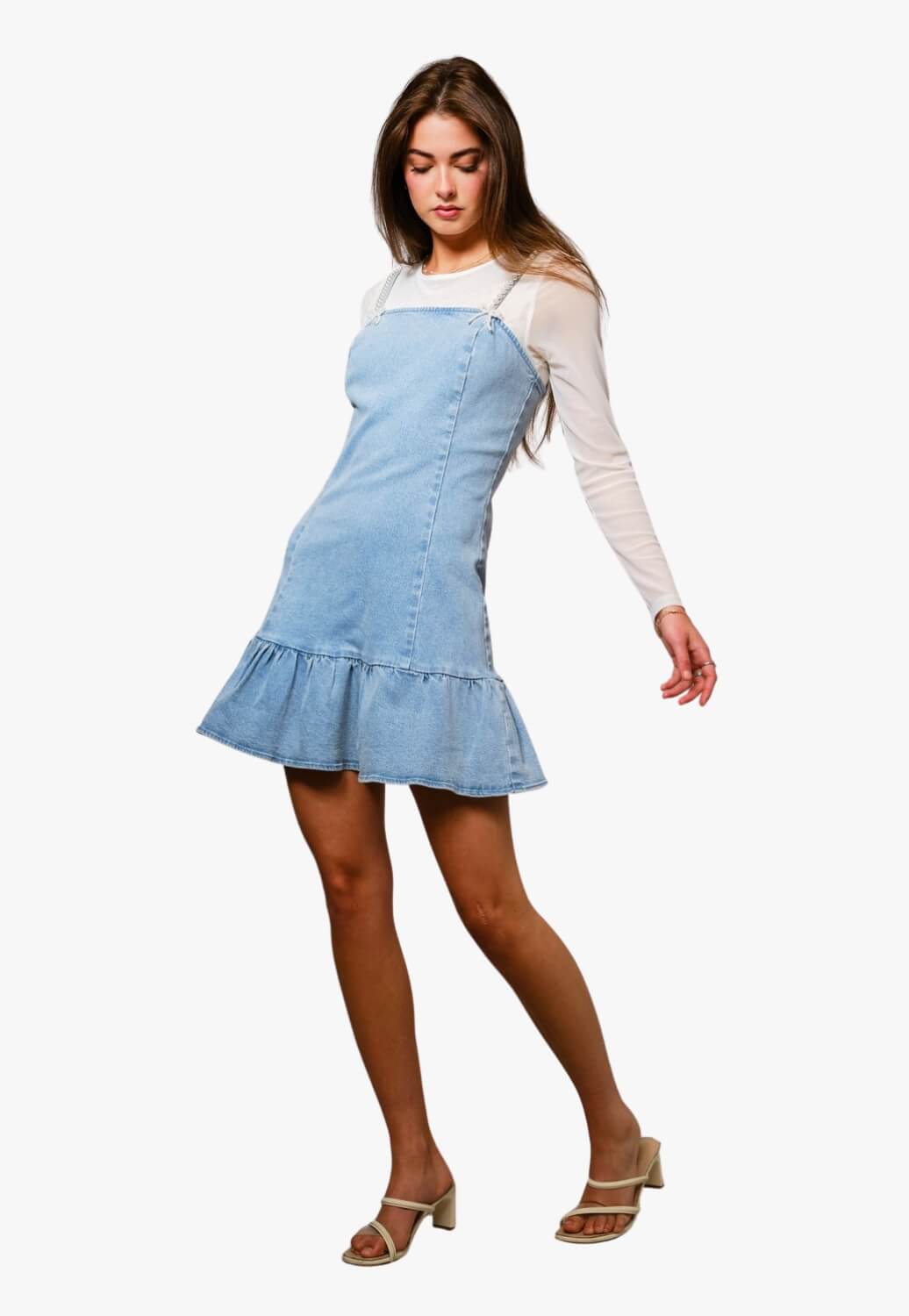 Blue B Womens Pearl Strap Stretch Denim Mini Denim Dress