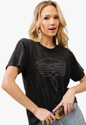 Blue B Womens Boots Embroidered Washed Graphic T-Shirt