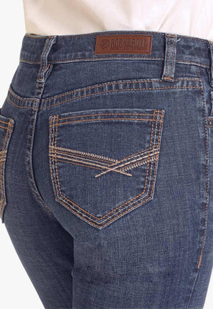 Rock and Roll Womens Mid Rise Cross Embroidered Riding Jean