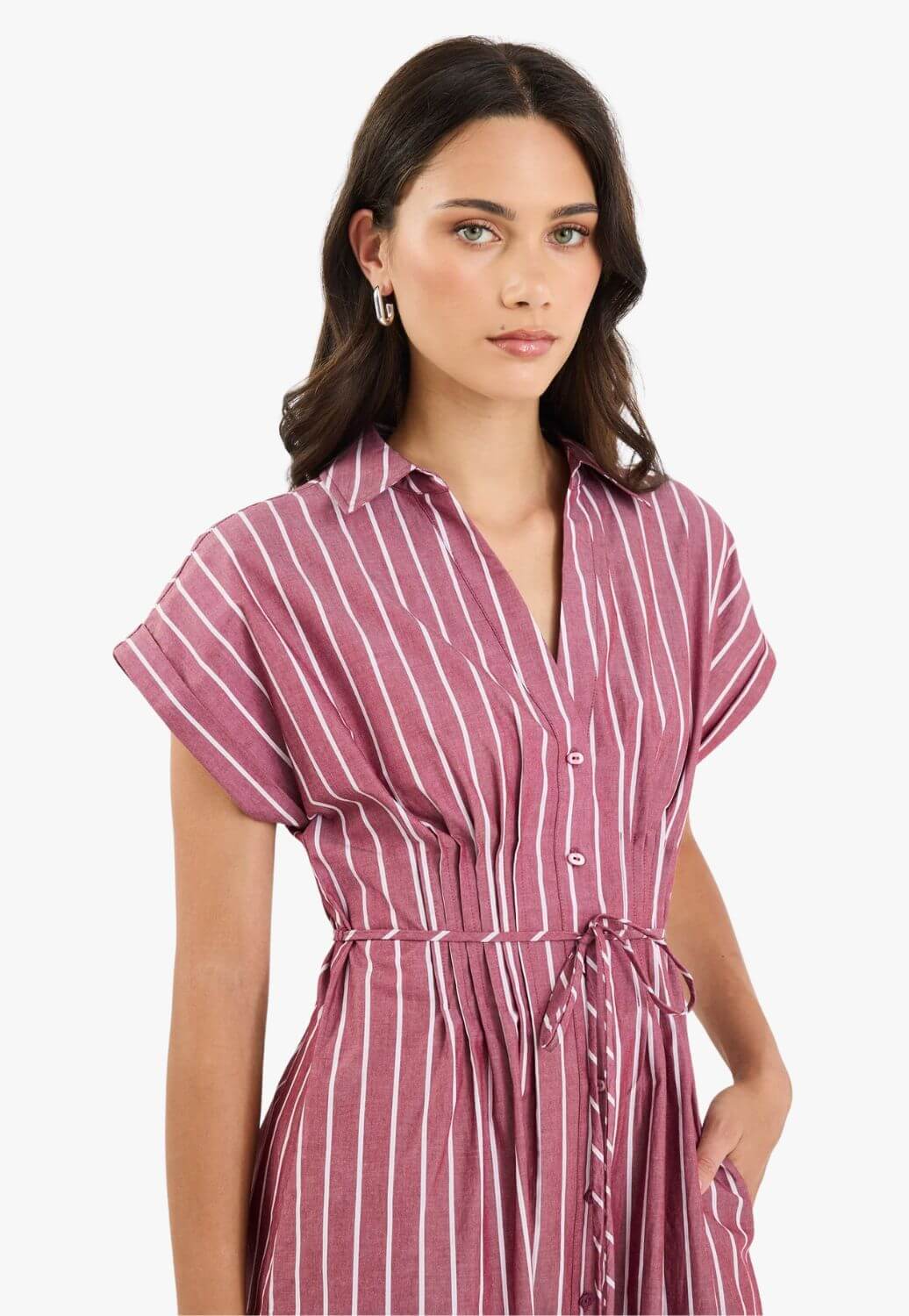 Stories be Told Carriage Stripe Pintuck Midi Shirt Dress