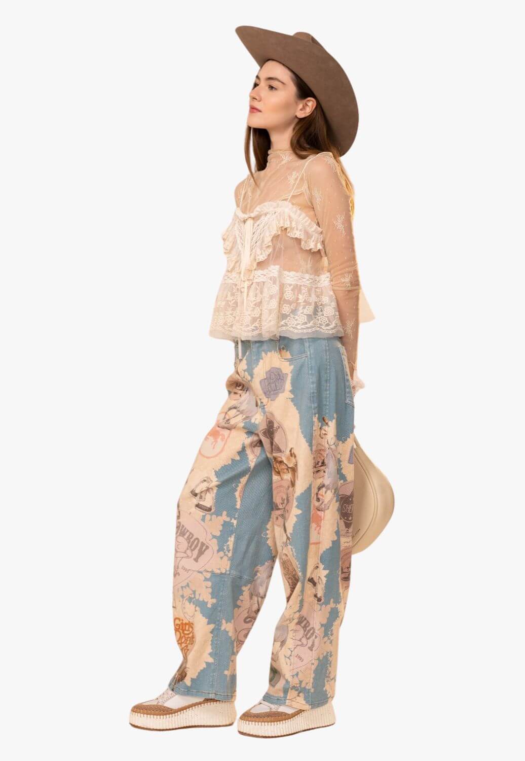 Womens Western Motif Patch Loose Jeans