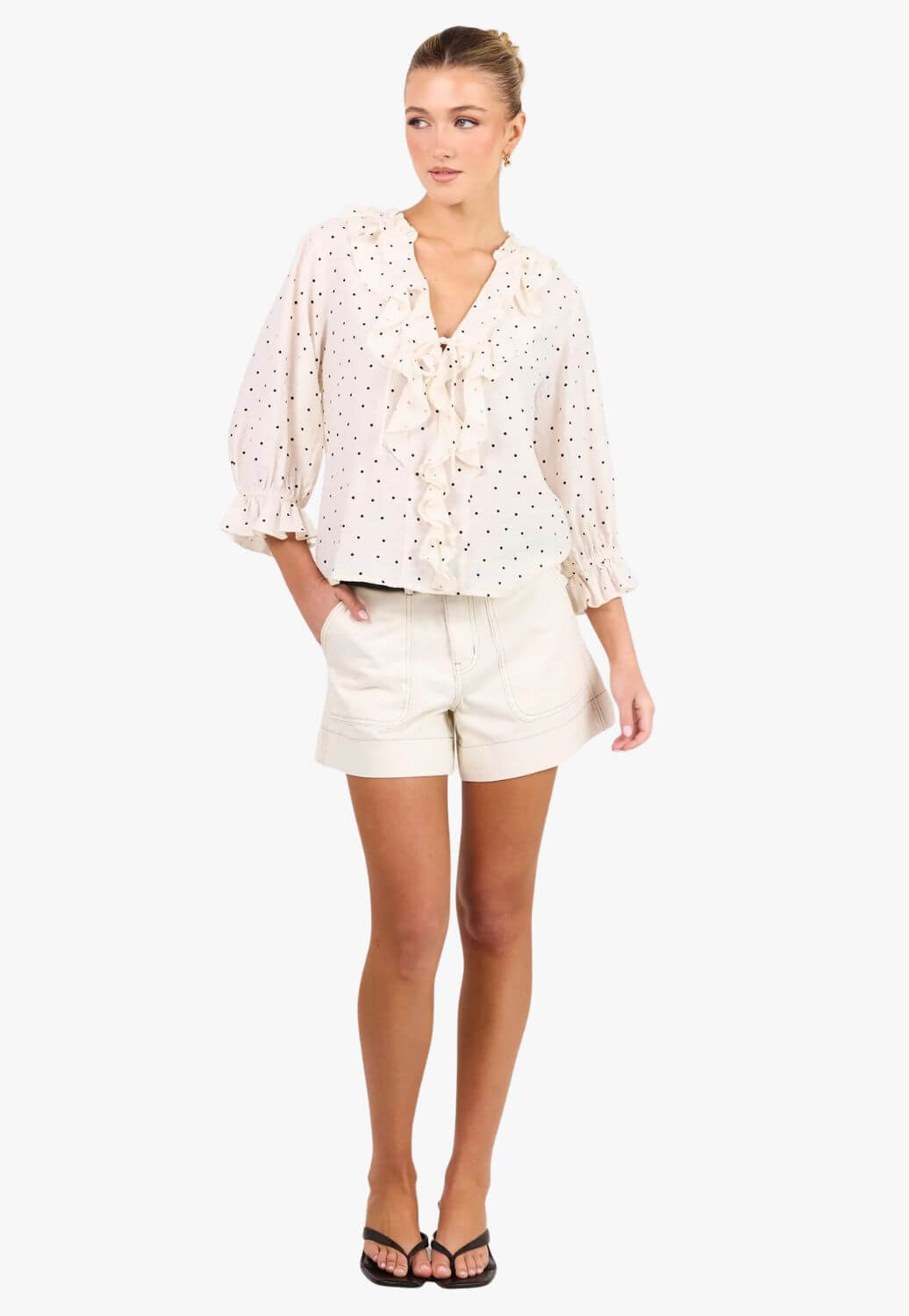 Ivy And Jack Womens Polka Dot Frill Front Mid Sleeve Top