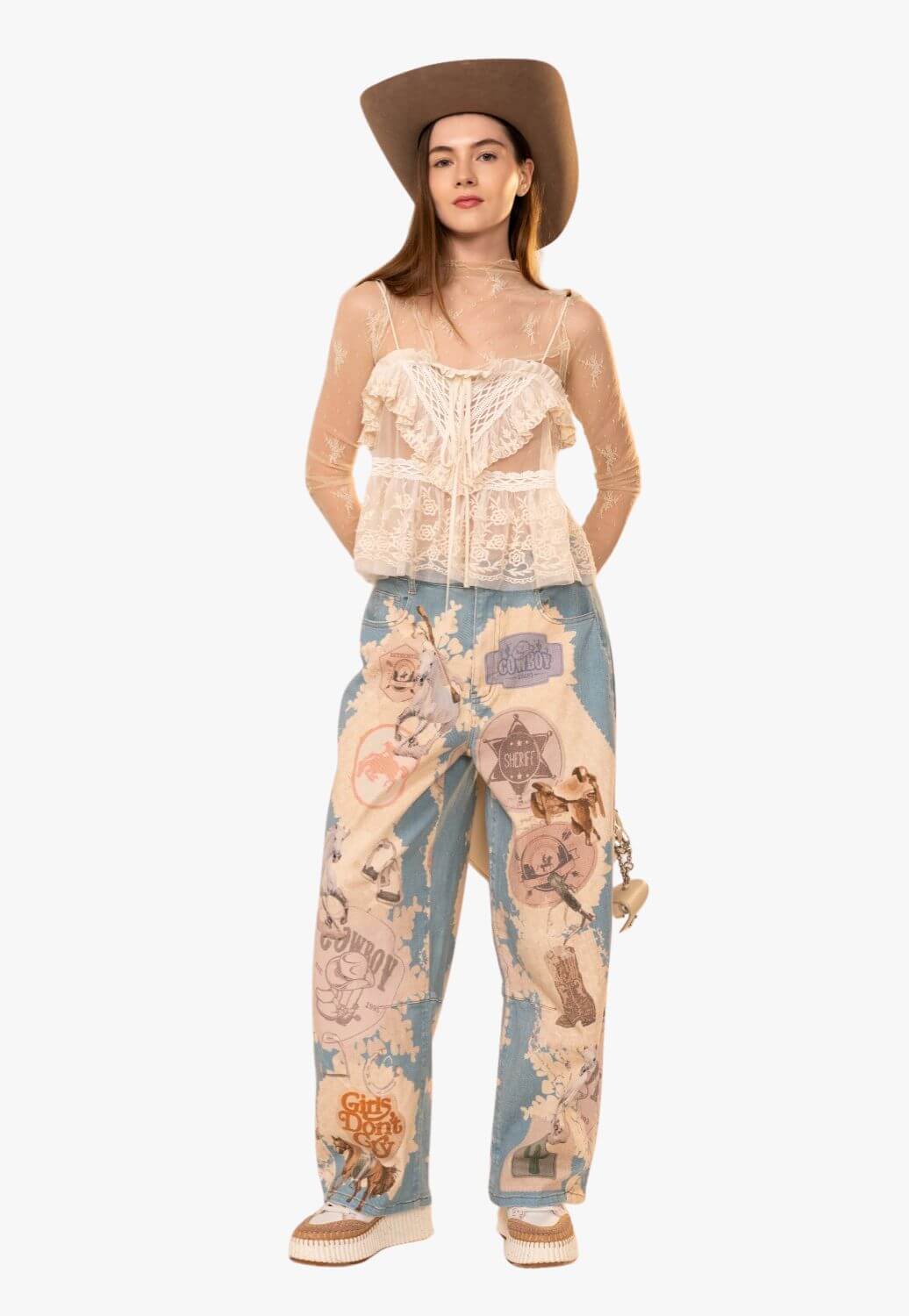 Womens Western Motif Patch Loose Jeans