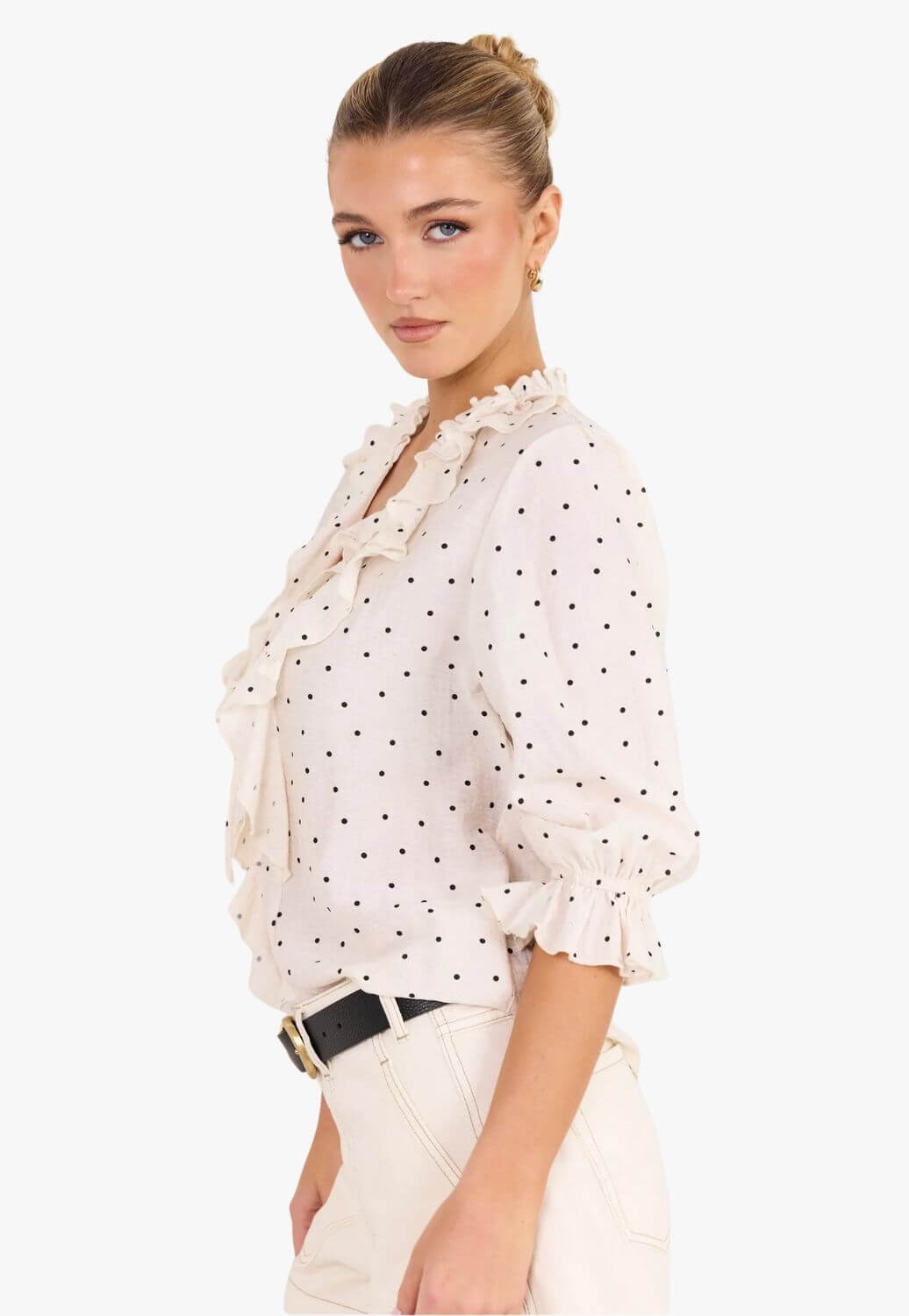 Ivy And Jack Womens Polka Dot Frill Front Mid Sleeve Top