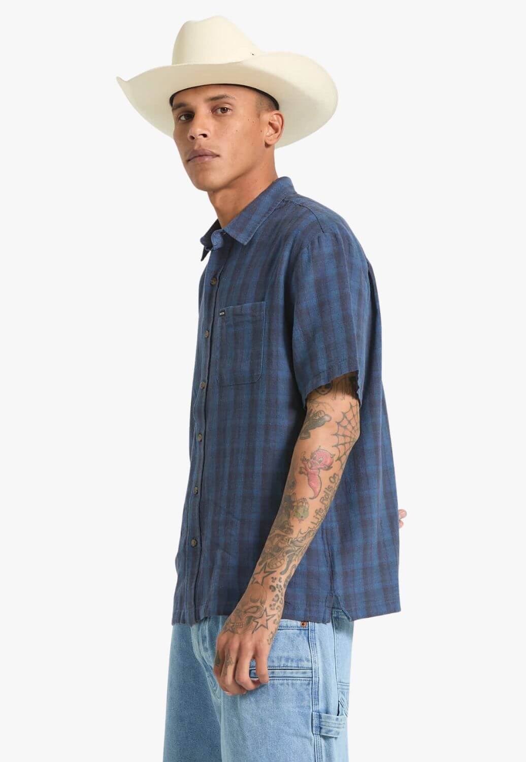 Brixton Mens Linen Plaid Short Sleeve Shirt