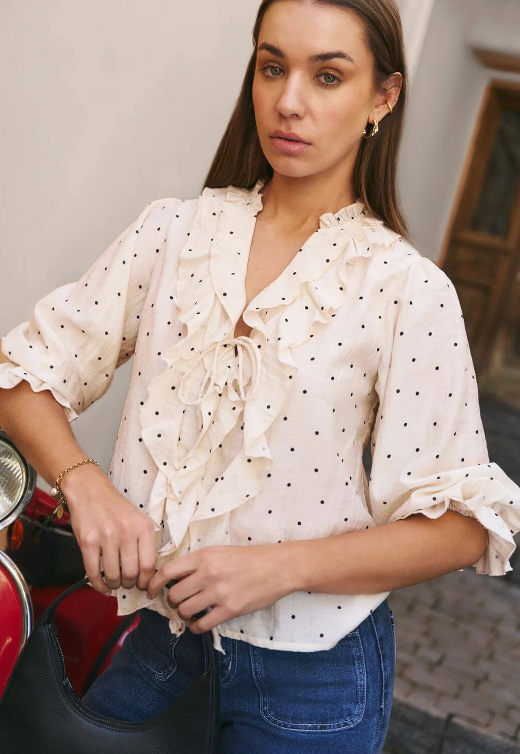 Ivy And Jack Womens Polka Dot Frill Front Mid Sleeve Top