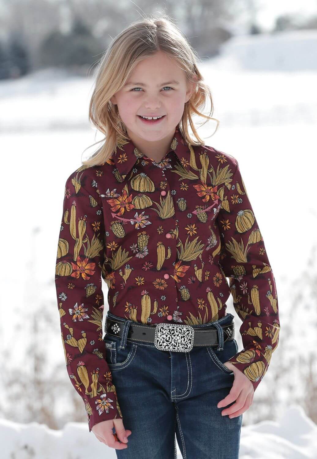 Cruel Girl Girls Cactus Print Western Long Sleeve Shirt