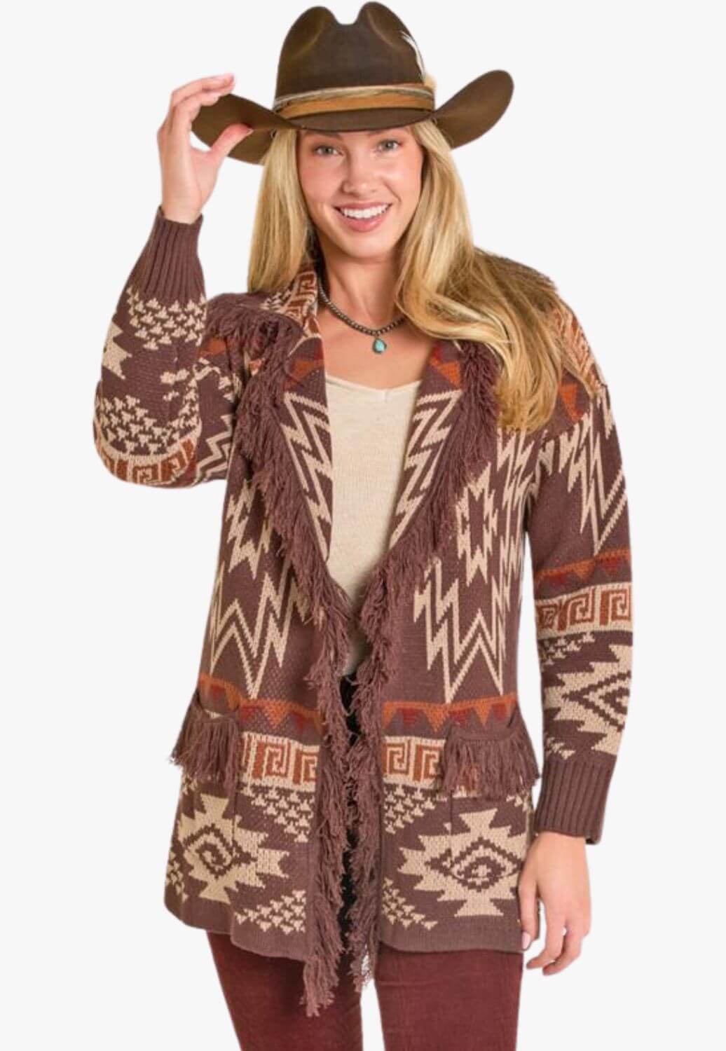 Rock &amp; Roll Womens Aztec Fringe Cardigan