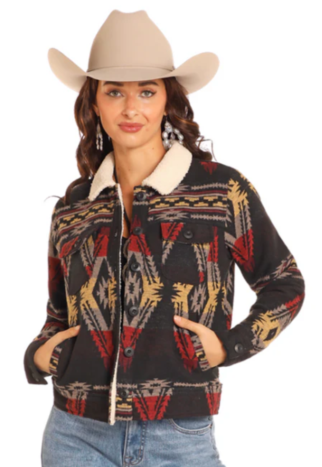 Rock and Roll Womens Aztec Jacquard Sherpa Jacket