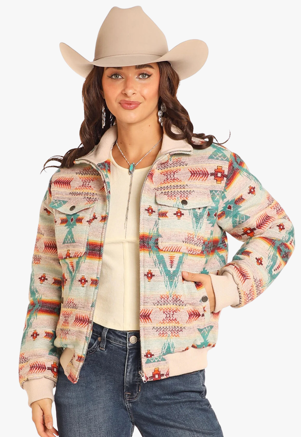 Rock and Roll Womens Aztec Jacquard Bomber Jacket