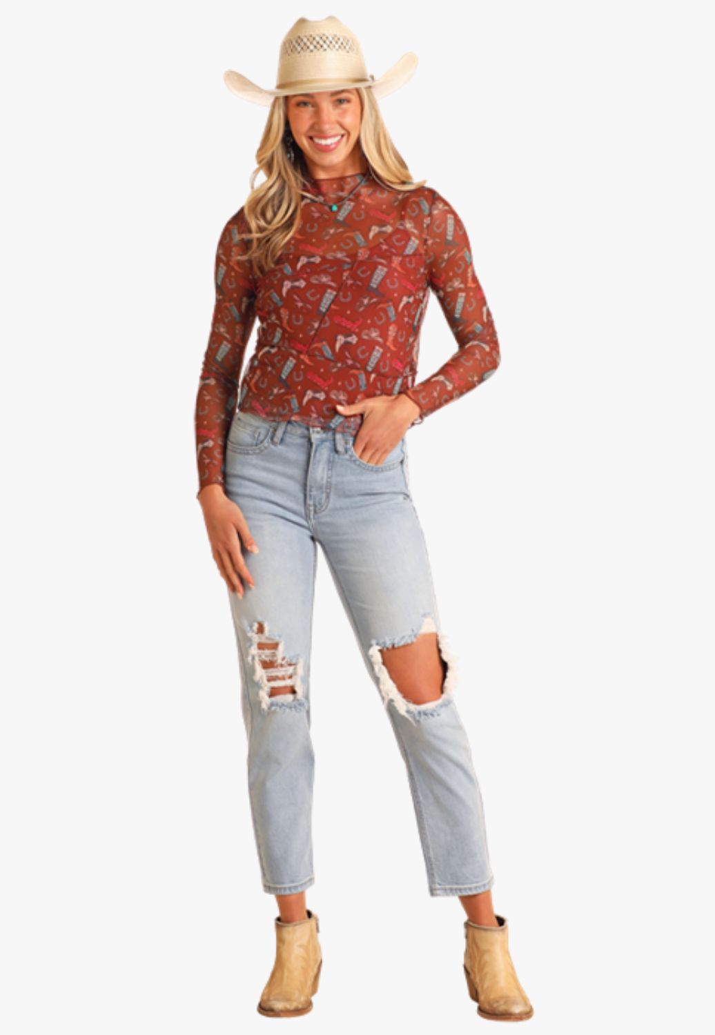 Rock and Roll Womens Boot Print Mesh Top