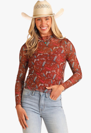 Rock and Roll Womens Boot Print Mesh Top