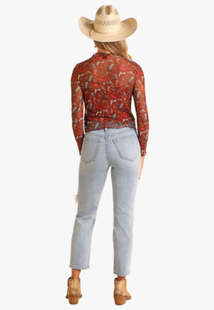 Rock and Roll Womens Boot Print Mesh Top