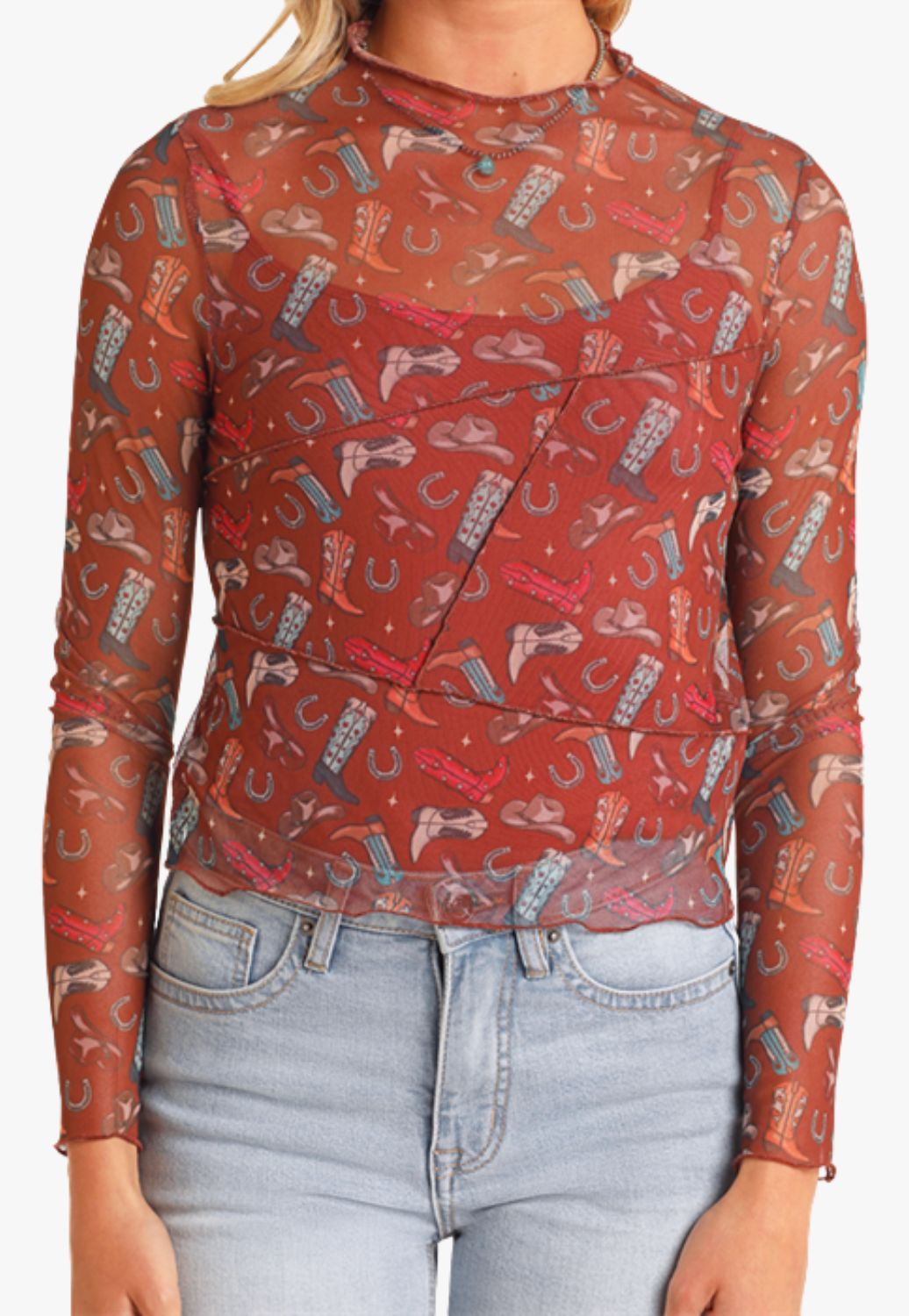 Rock and Roll Womens Boot Print Mesh Top